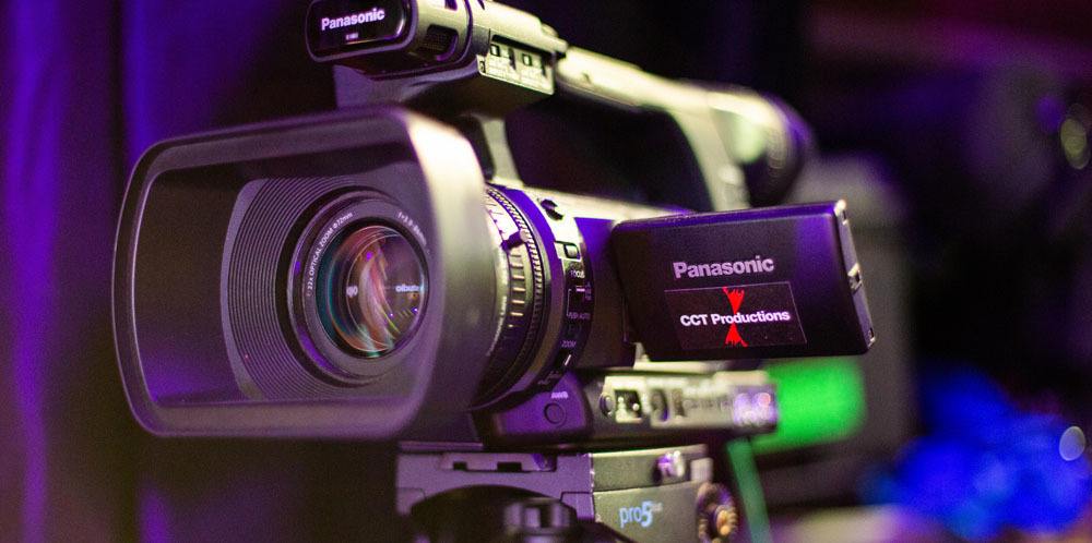 A Panasonic video camera with a CCT Productions sticker on it.